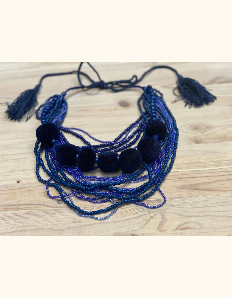 Multi-Layered Beaded Necklace with Tassels - Blue Beauty