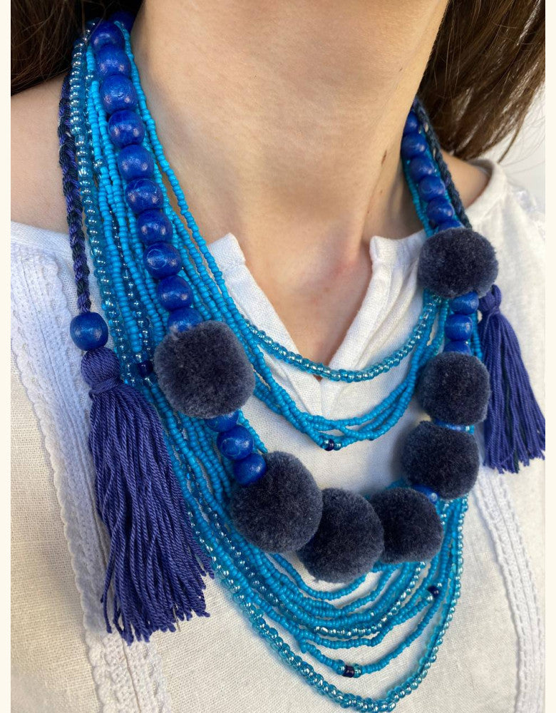 Multi-Layered Beaded Necklace with Tassels - Blue Beauty