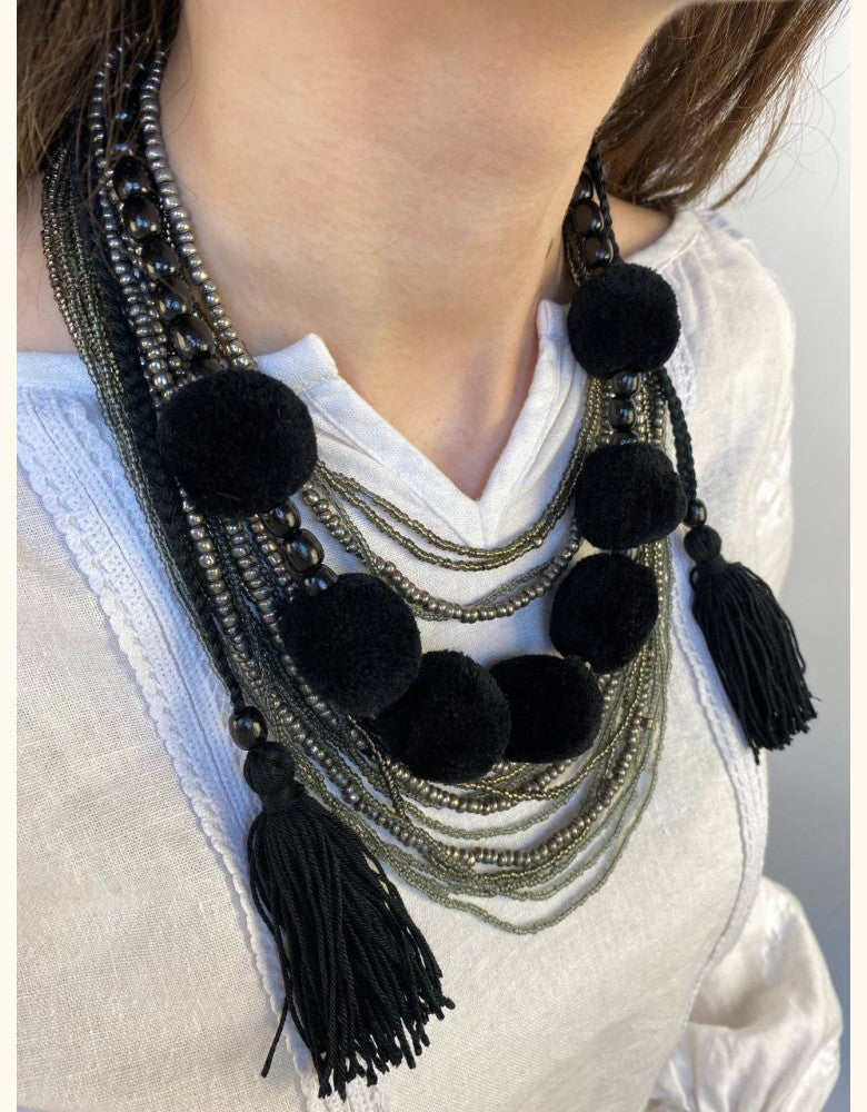 Multi-Layered Beaded Necklace with Tassels - Black Chic