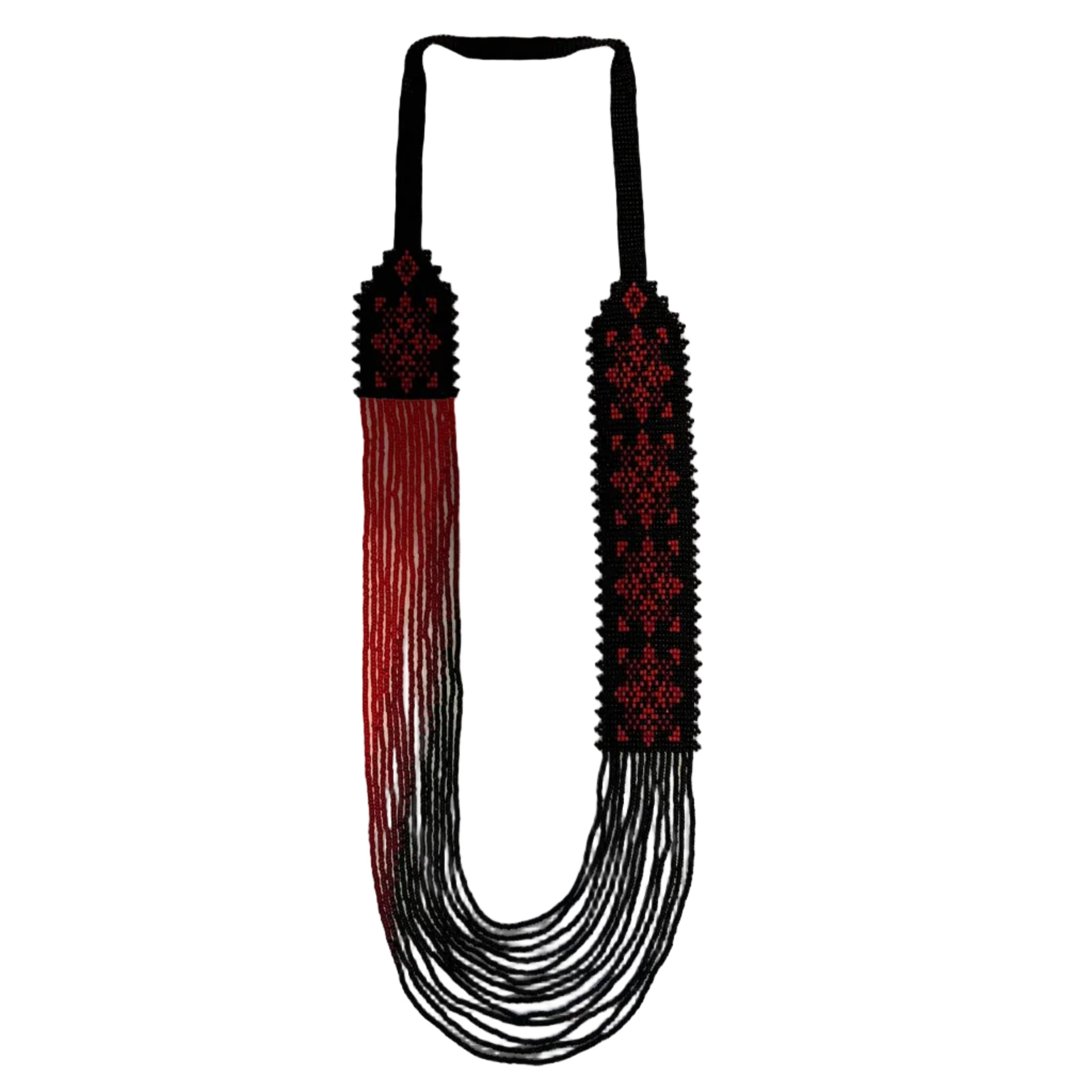 Close-up of Olena name encoded in Ukrainian gerdan beadwork ornament in red and black