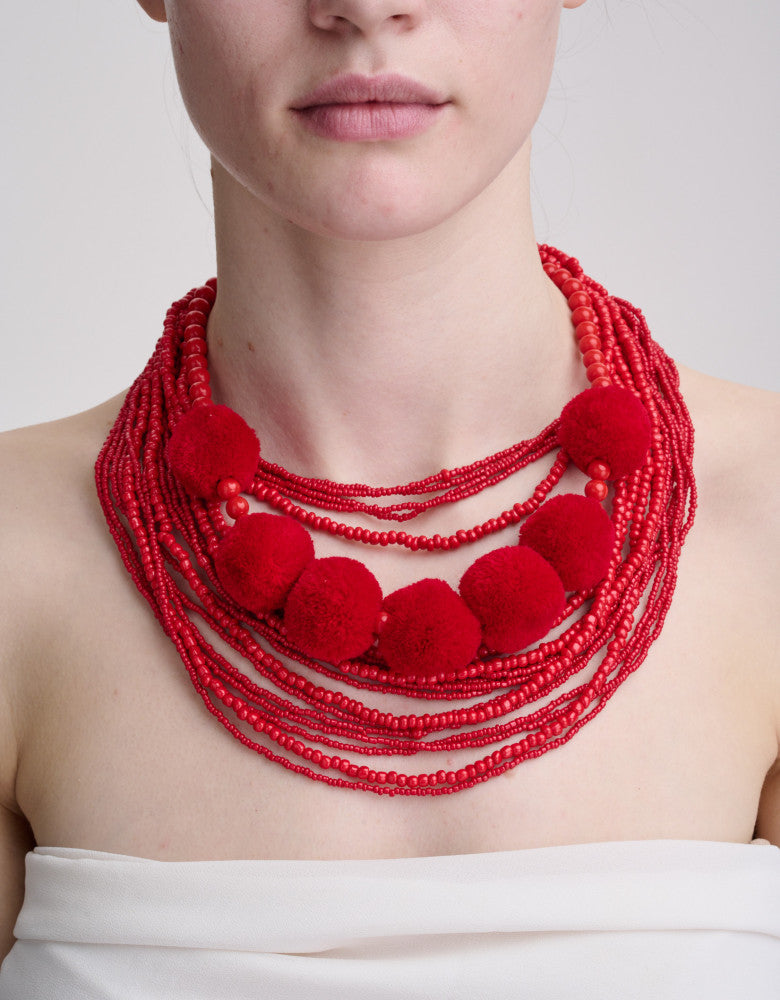 Red multi-layered Ukrainian beaded necklace with tassels, handmade folk jewelry from Ukraine