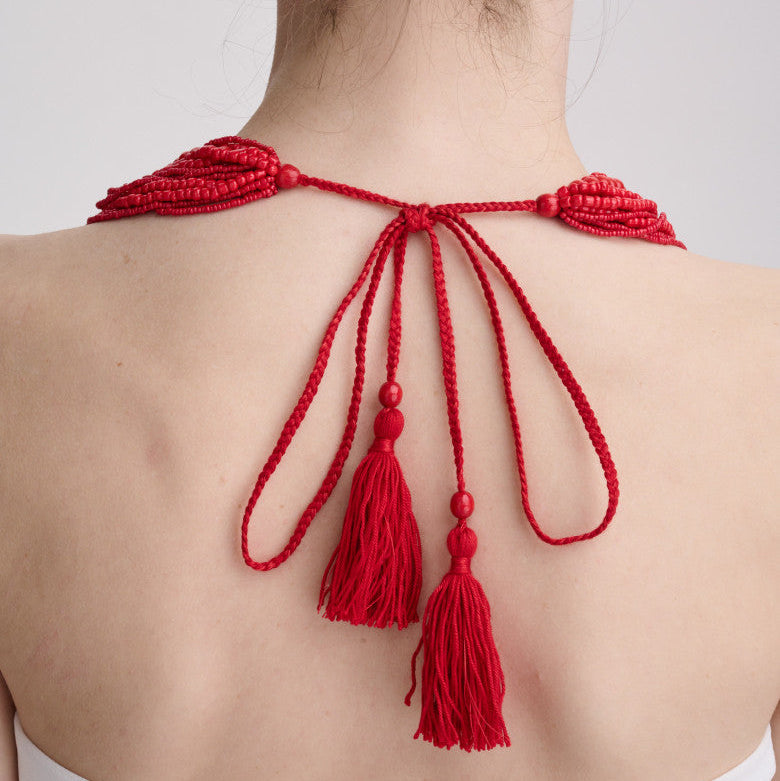 Red Multi-Layered Beaded Necklace with Tassels — Handmade Ukrainian Statement Piece