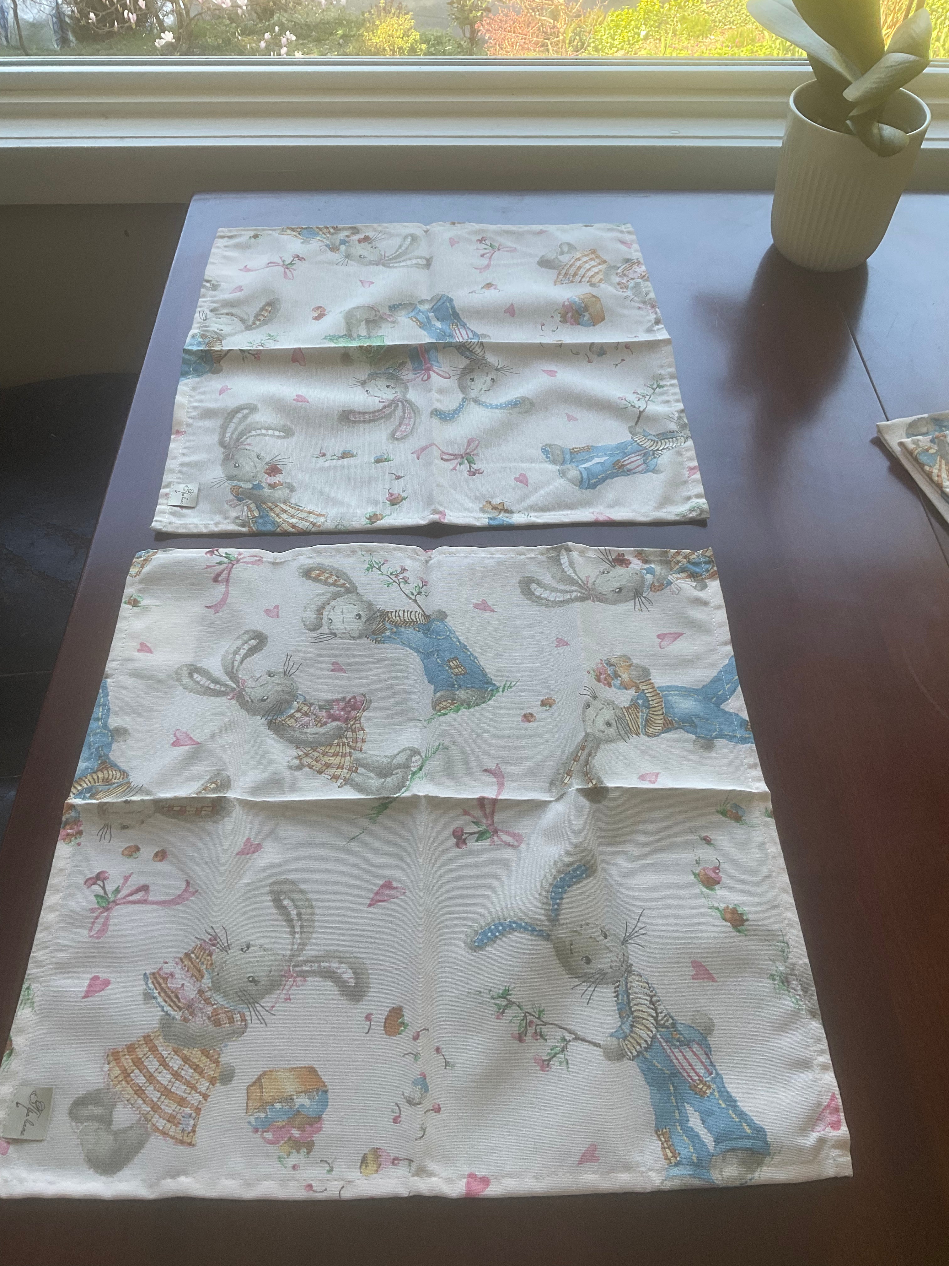 Set of four square placemats Ukrainian table linens rabbits design