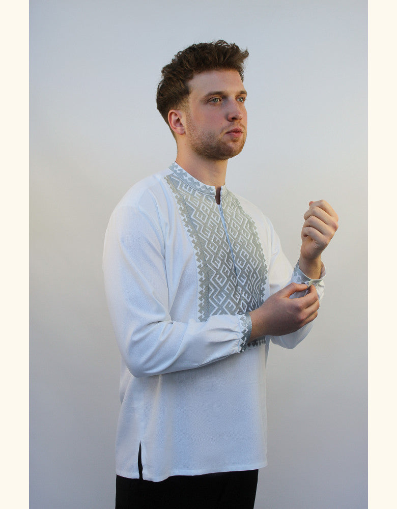 uthentic Podilya men's vyshyvanka handcrafted in Ukraine with silver embroidery