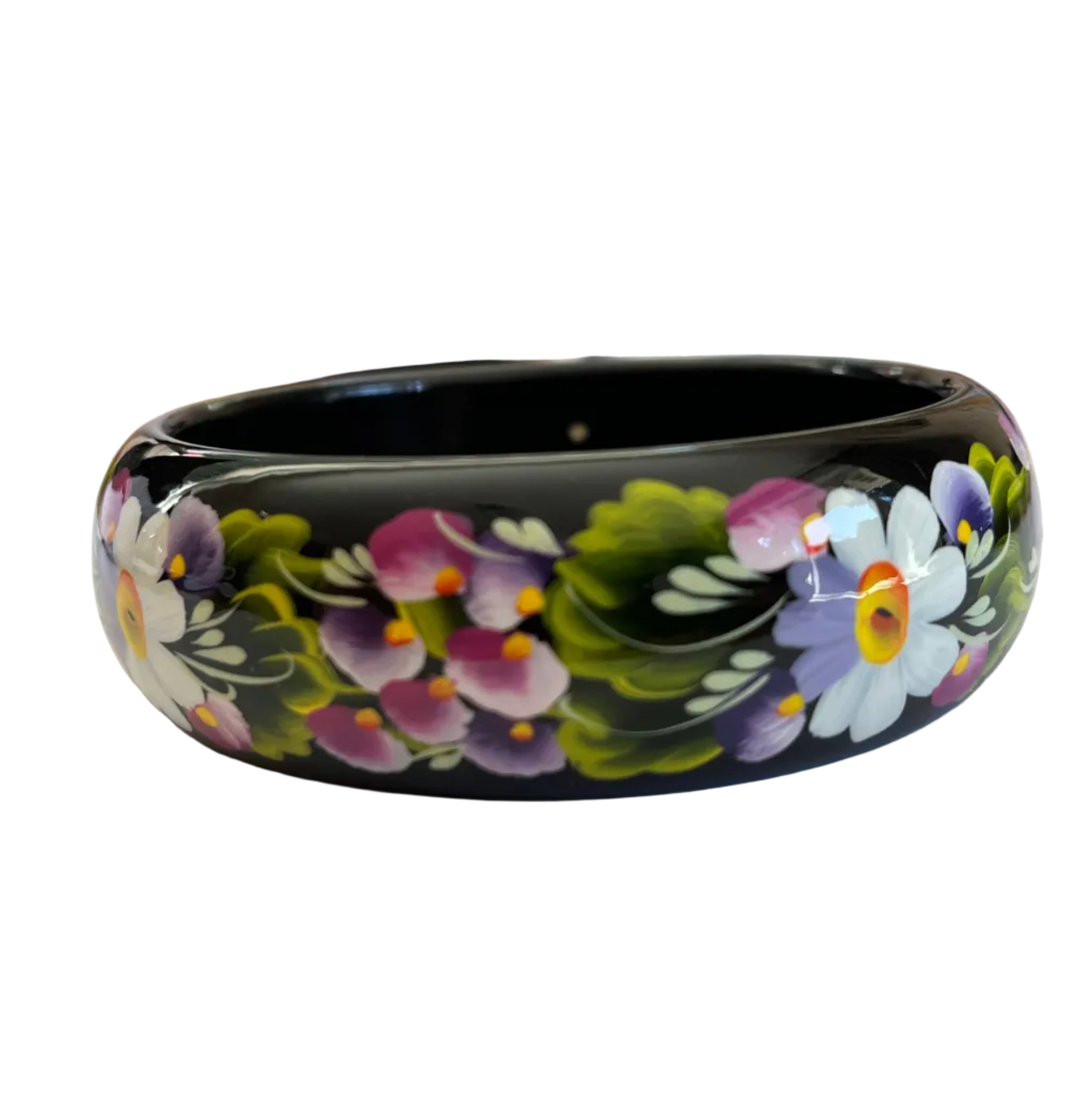 Authentic hand-painted wooden bracelet showcasing traditional Ukrainian Petrykivka painting
