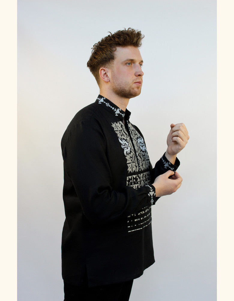 Men's black linen Ukrainian embroidered shirt with silver geometric embroidery