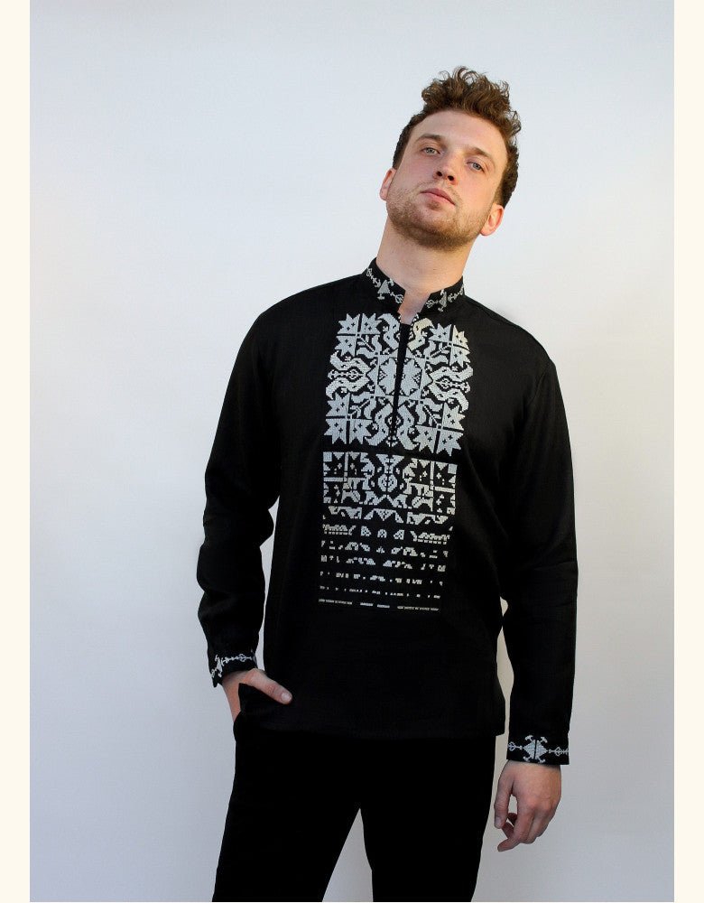 Black linen Ukrainian vyshyvanka with silver embroidery and traditional stand-up collar