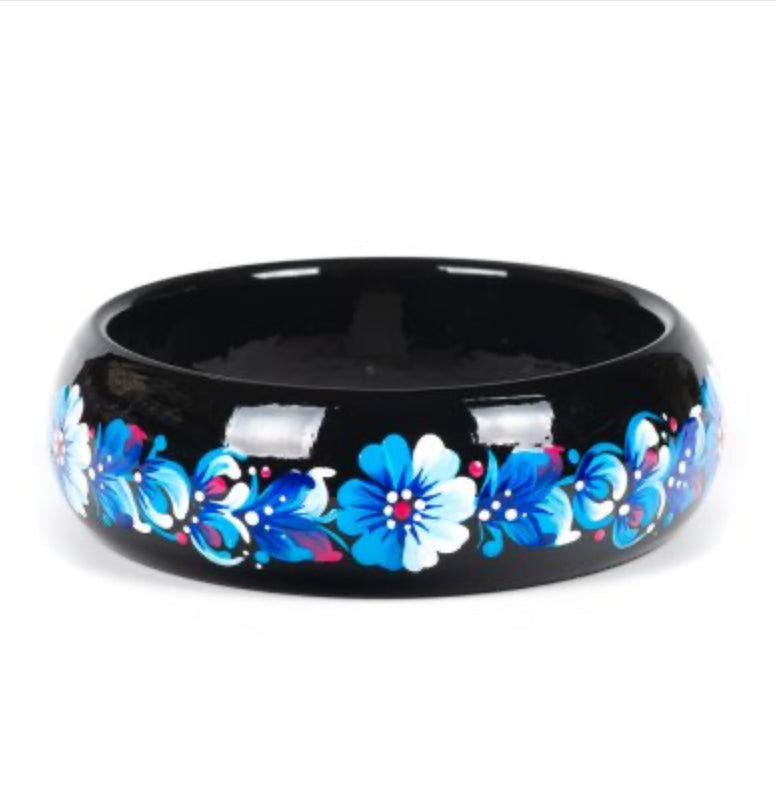 Blue Bloom Petrykivka bracelet hand-painted wooden Ukrainian bracelet made in Ukraine