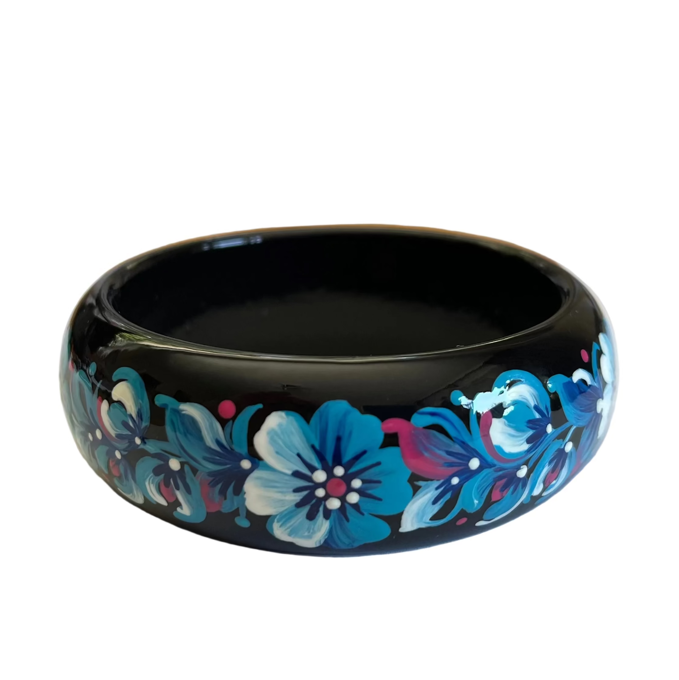 Authentic Ukrainian wooden bracelet featuring Blue Bloom Petrykivka floral artwork