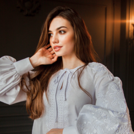 Woman wearing Boho Sapphira embroidered vyshyvanka dress made in Ukraine