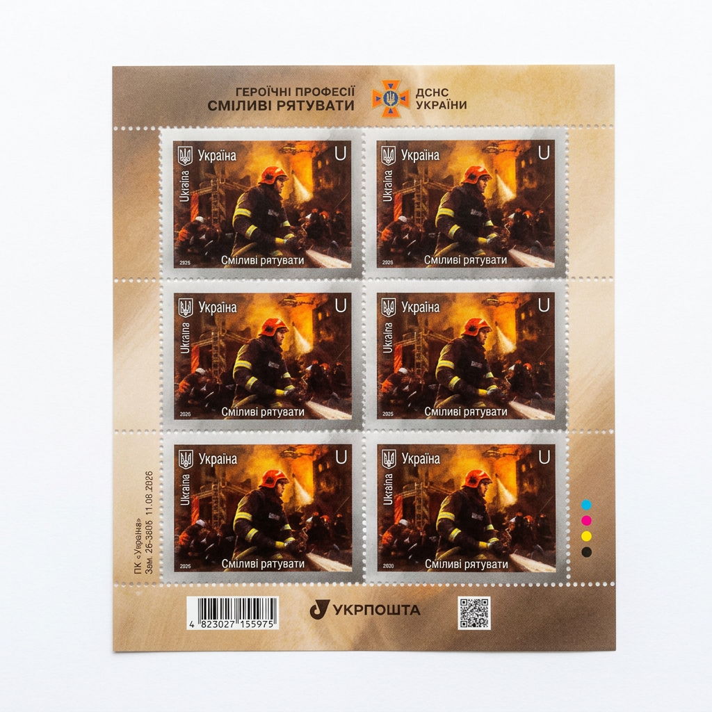 A sheet of six Ukrainian postage stamps featuring firefighters in action, set against a light gray textured background.
