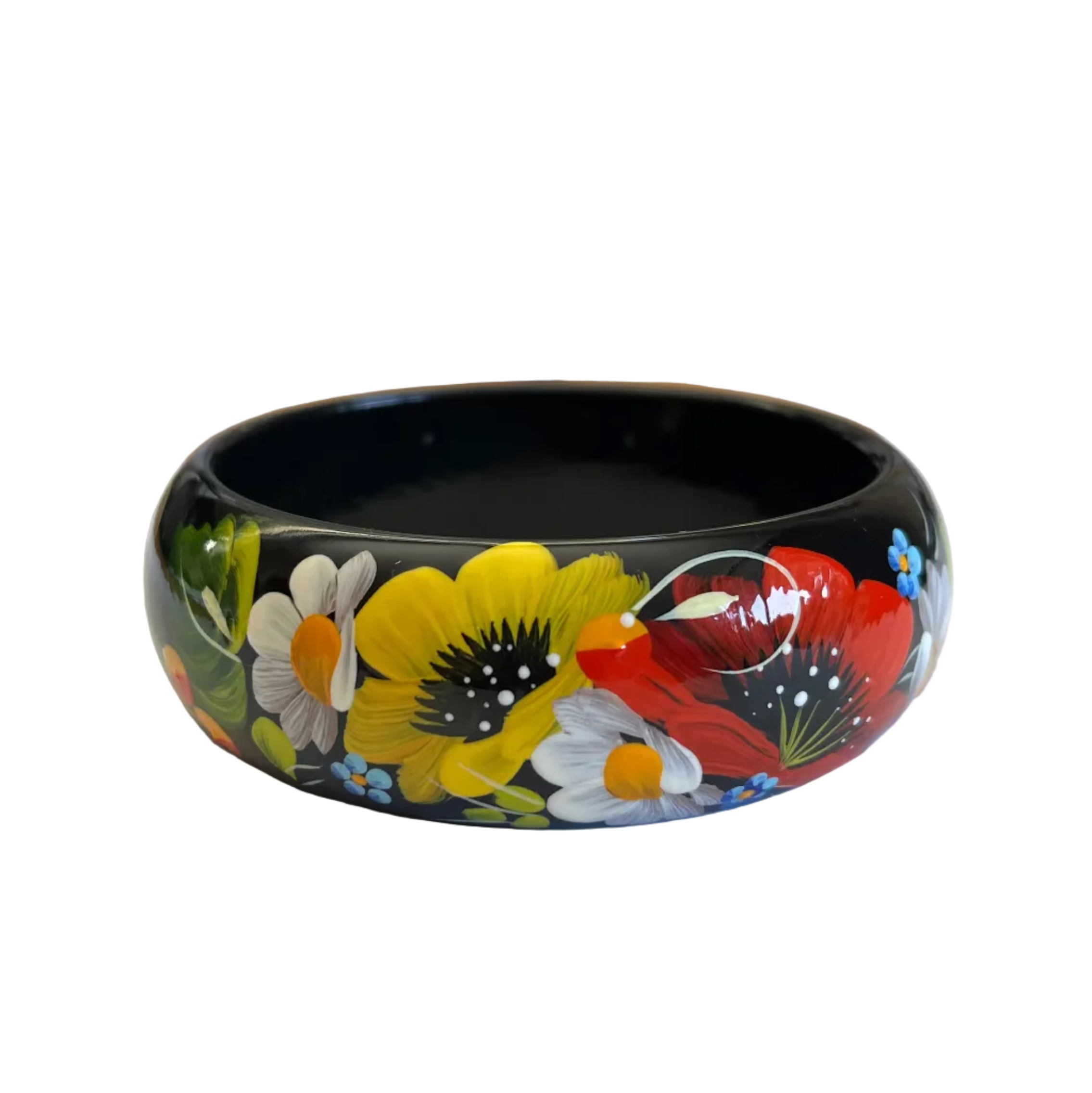 Daisies & Poppies Petrykivka bracelet hand-painted wooden Ukrainian bracelet made in Ukraine