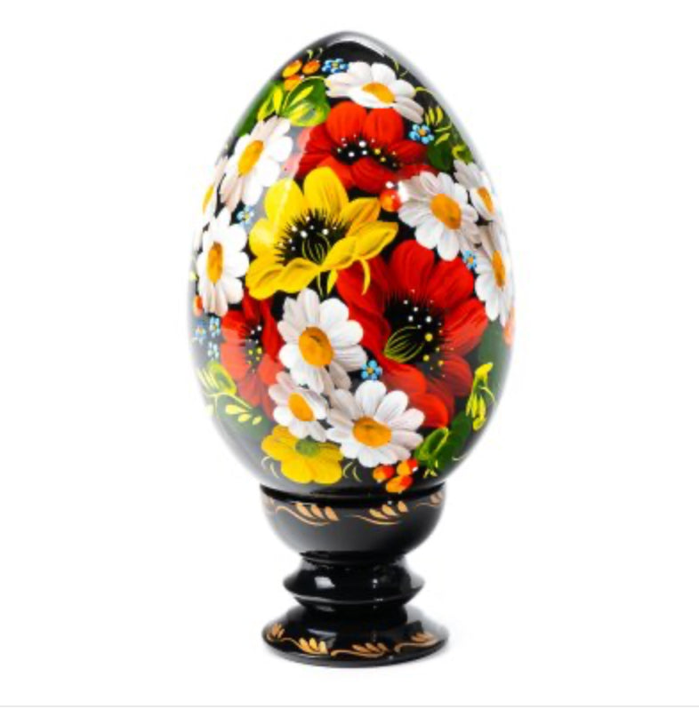 Daisies & Poppies wooden Ukrainian pysanka hand-painted with red poppies, white daisies, and Petrykivka floral art