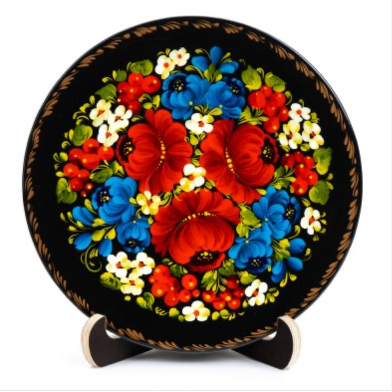 buy Ukrainian decorative plate poppies hand painted Petrykivka wooden plate 17 cm