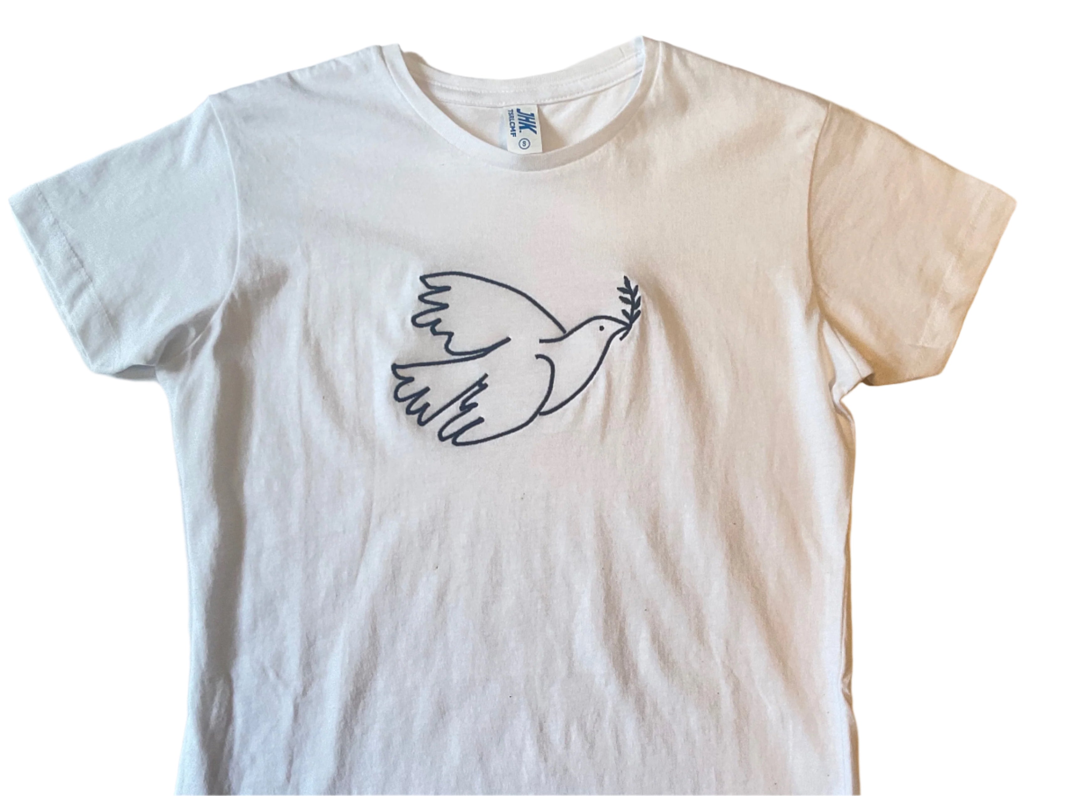 Embroidered Ukrainian Peace Pigeon Shirt for Women with a minimalist dove carrying an olive branch, made in Ukraine