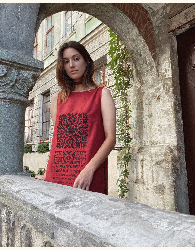 Authentic Falling Star red embroidered linen dress handcrafted in Ukraine