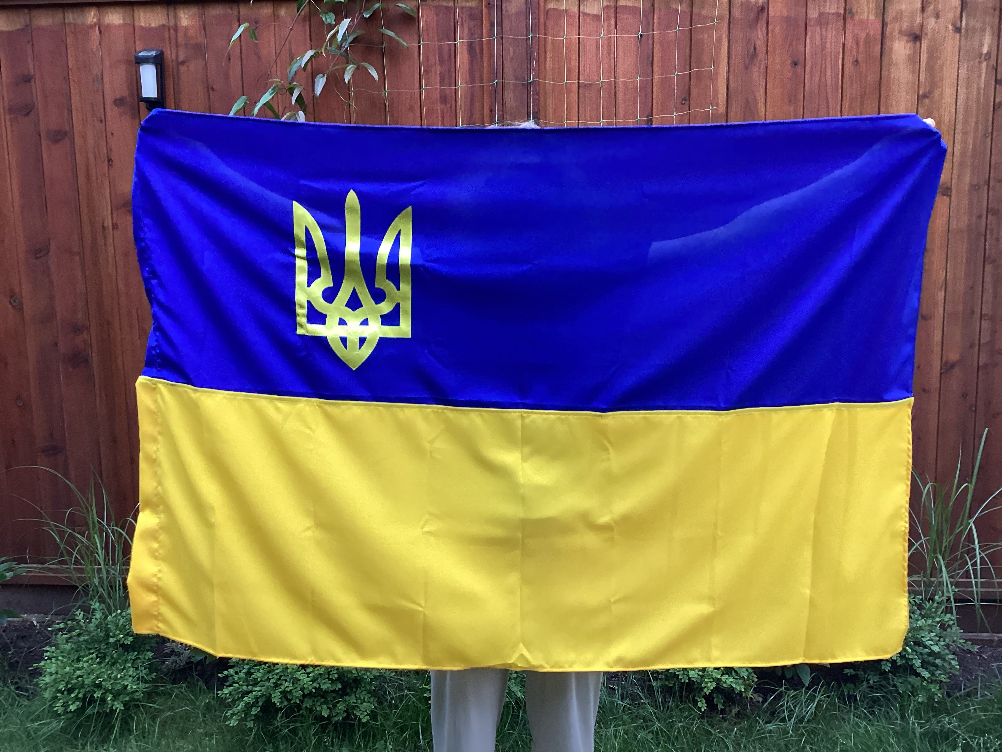 Premium gabardine Ukrainian flag featuring the official gold Tryzub