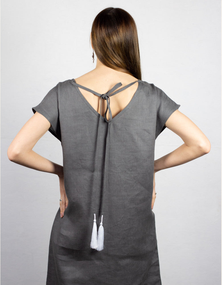 Grey linen vyshyvanka dress featuring elegant white floral embroidery