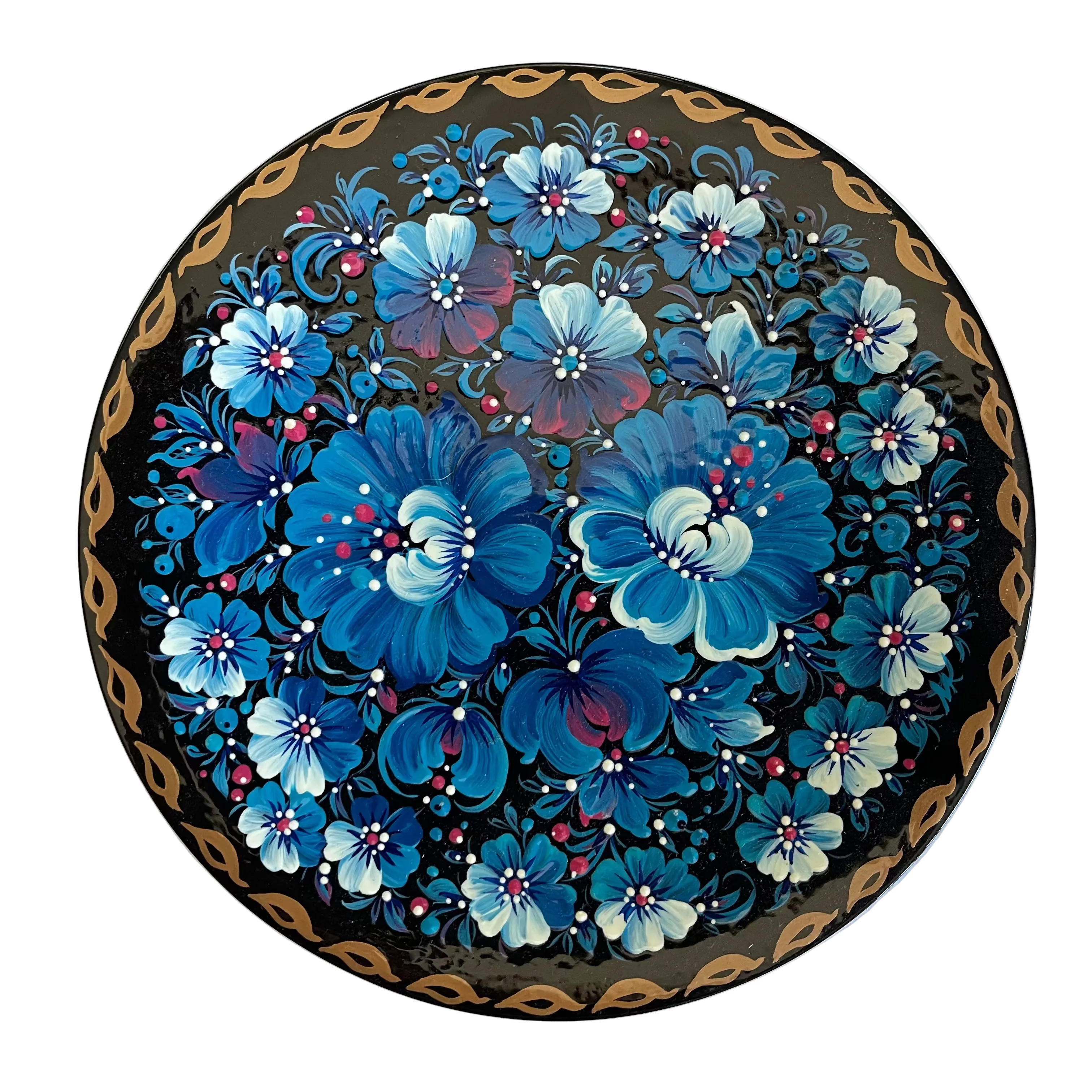Hand-painted Ukrainian Petrykivka decorative plate with blue flowers