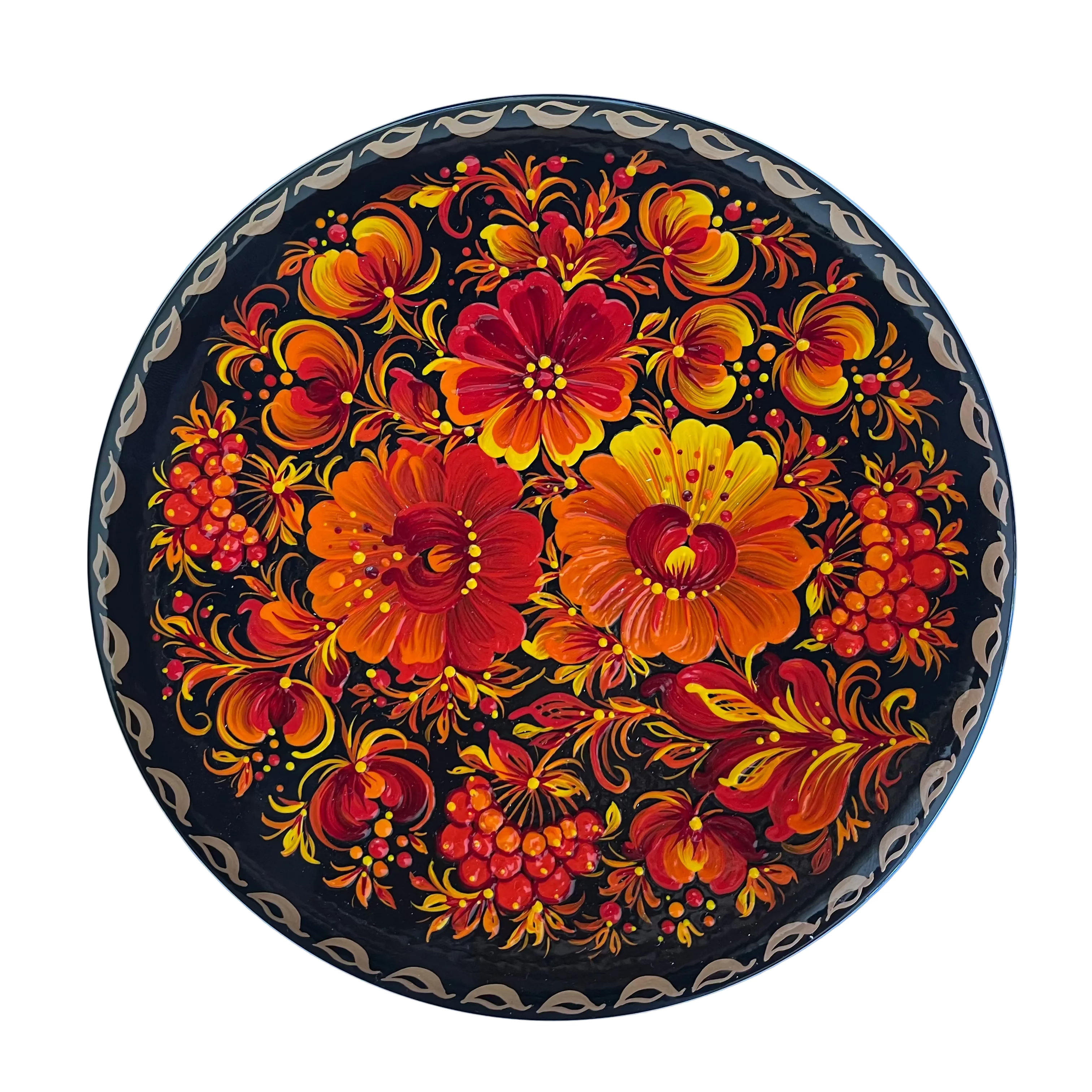 Hand-painted Fire Blossoms Petrykivka decorative plate handmade in Ukraine