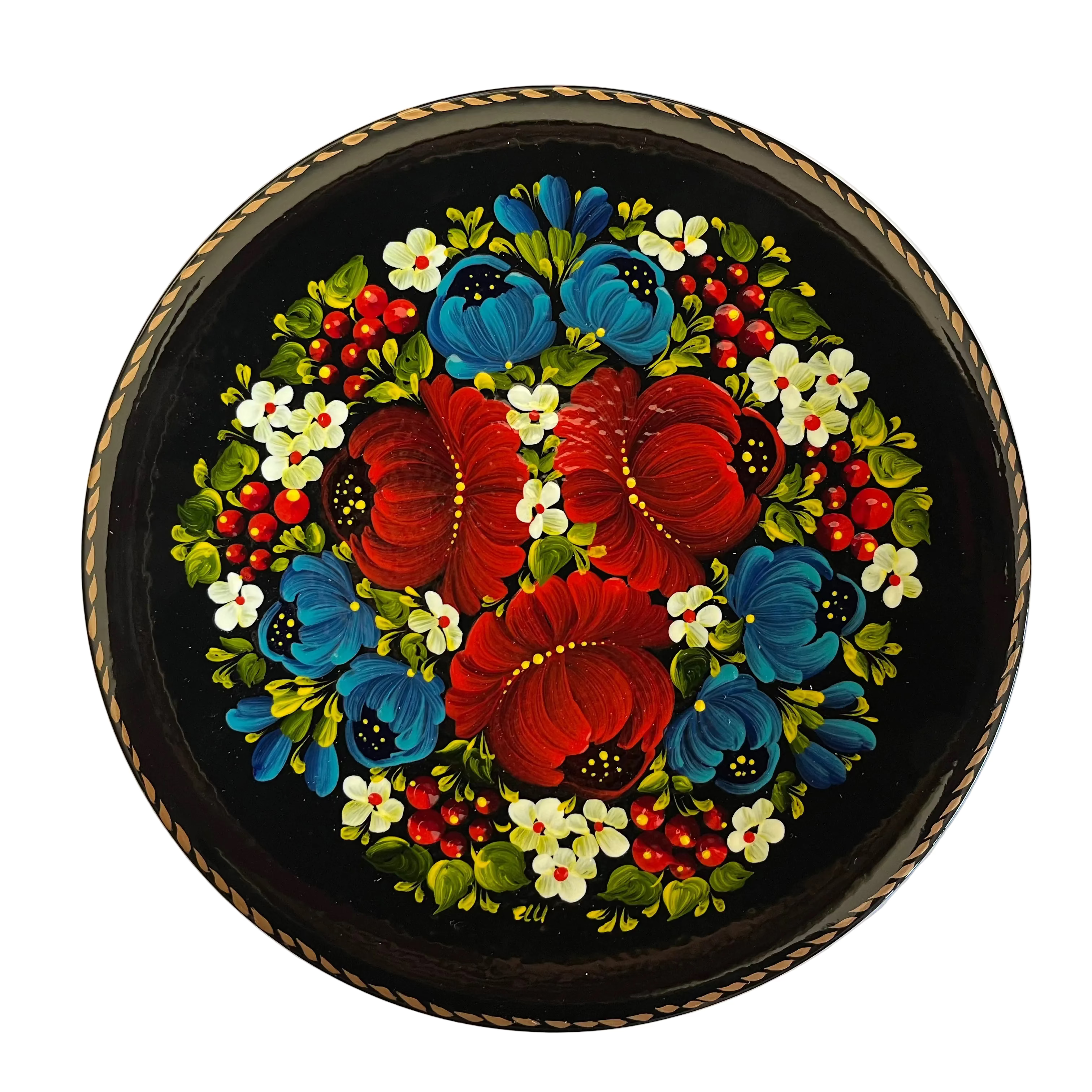 Hand-painted Ukrainian Petrykivka decorative plate with red poppies