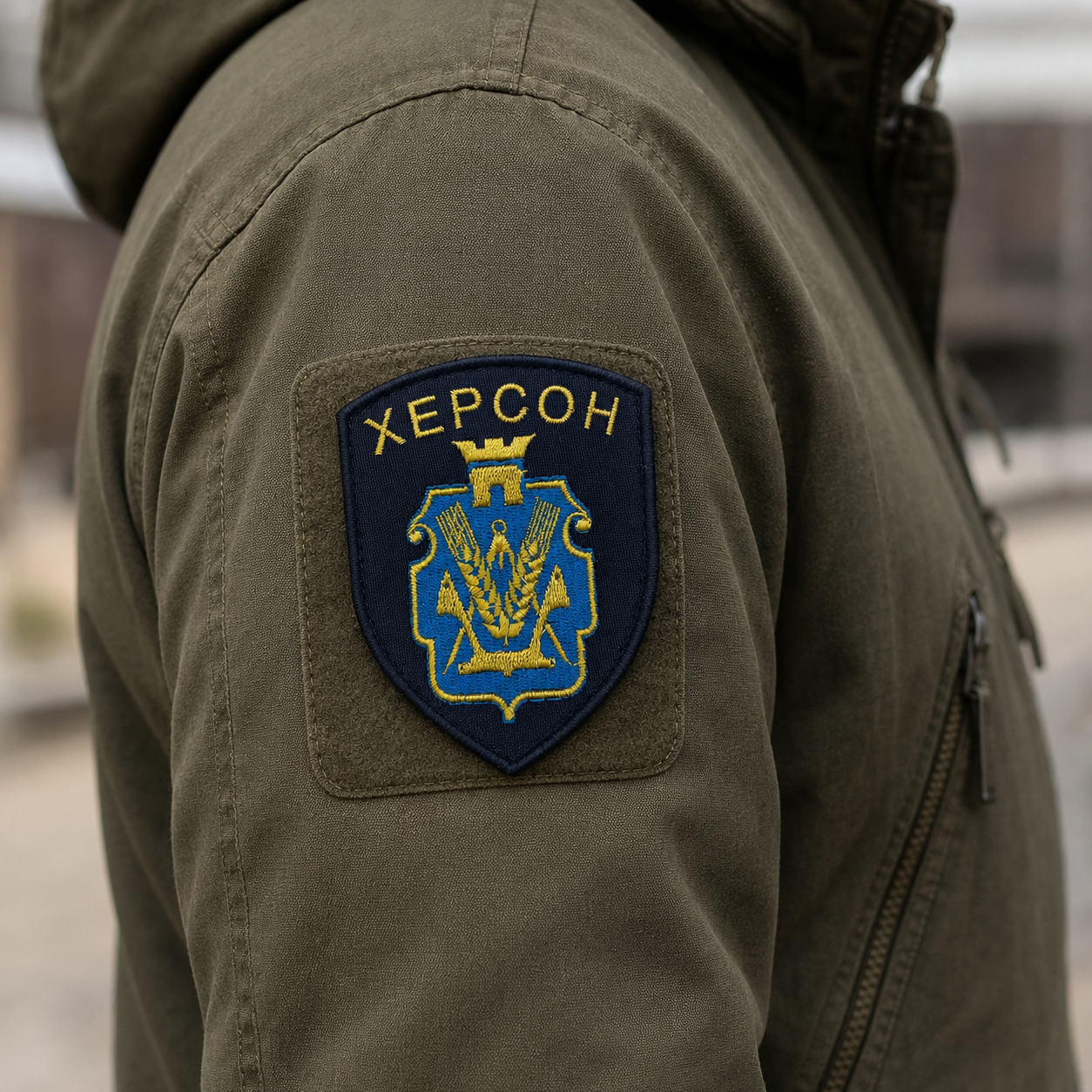 Kherson embroidered Ukrainian patch attached to olive utility jacket sleeve