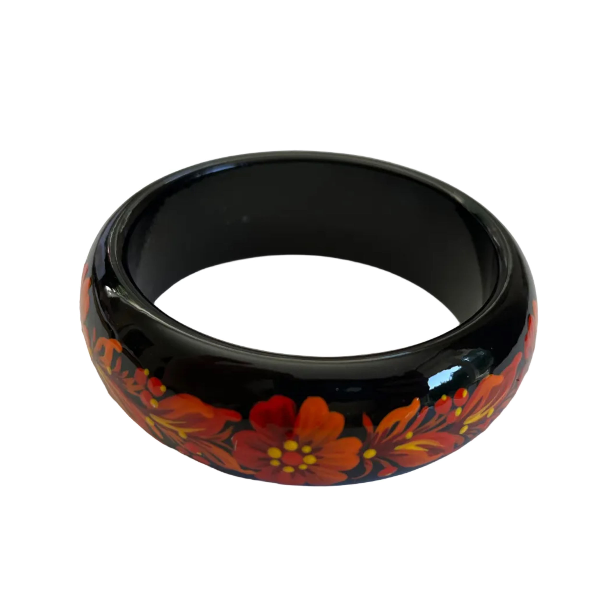Made in Ukraine wooden bracelet with Fire Blossom Petrykivka folk art painting