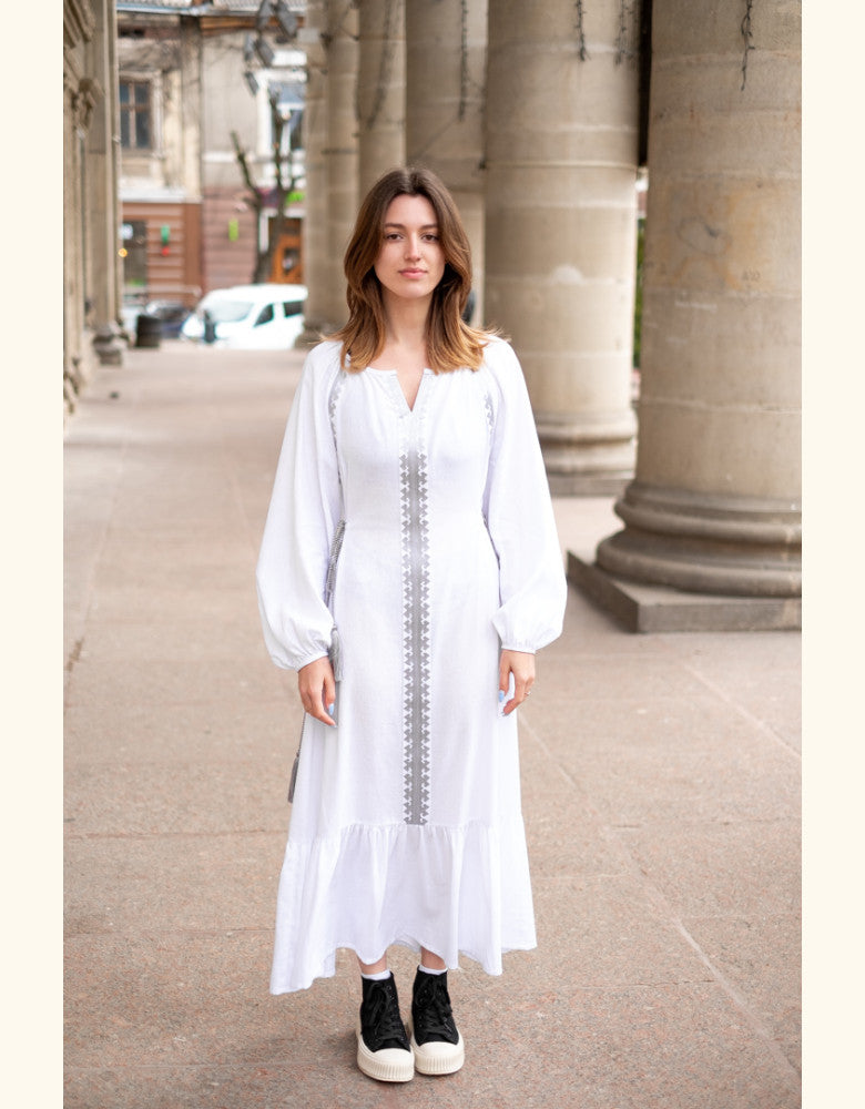 Premium linen vyshyvanka dress made in Ukraine with traditional silver embroidery