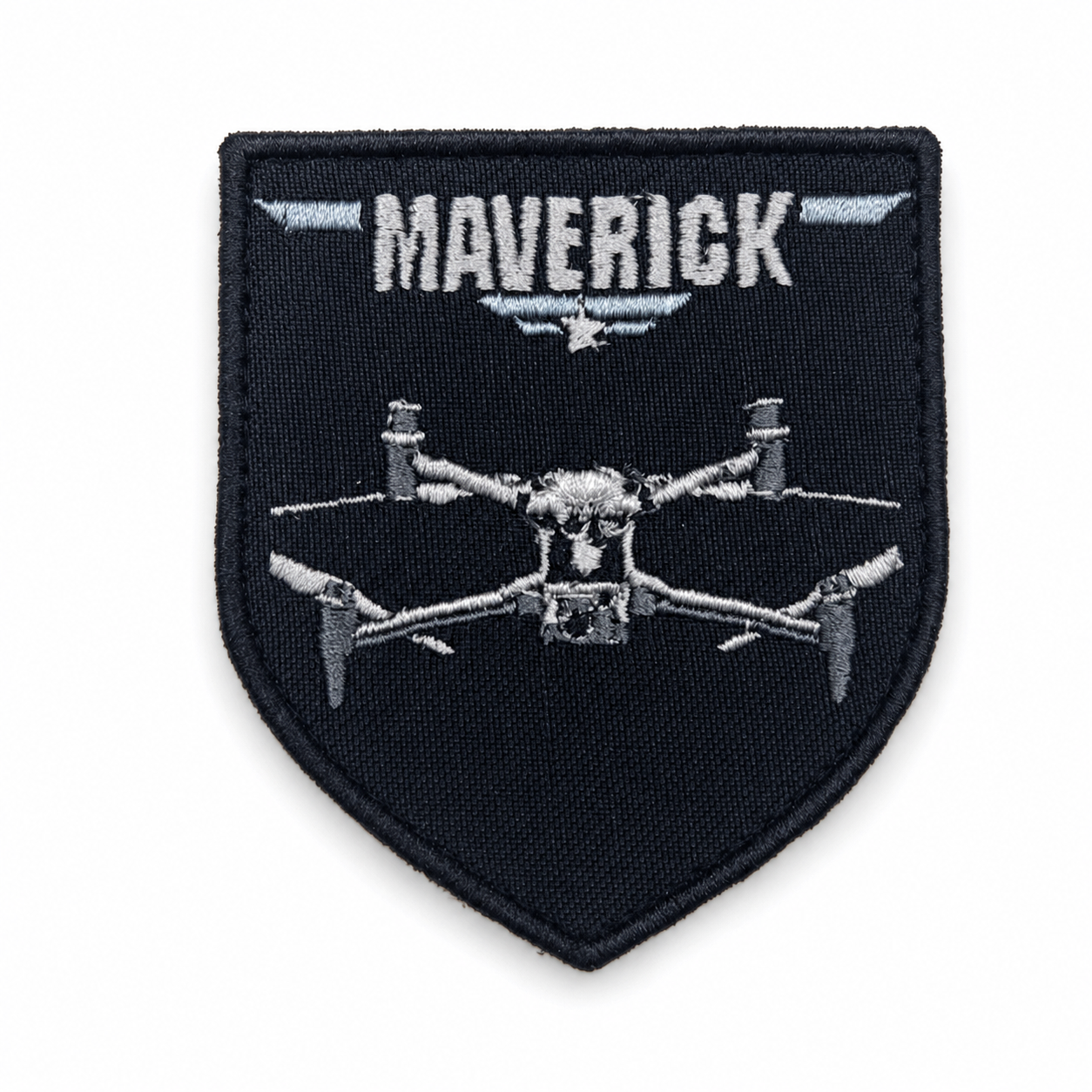 Maverick drone embroidered shield patch with silver quadcopter design