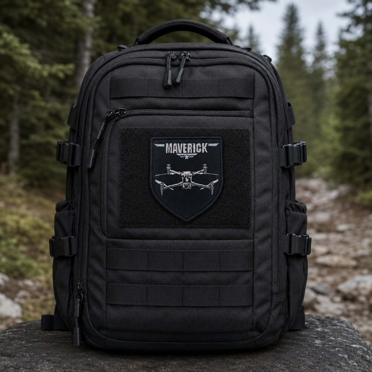 Maverick drone embroidered patch centred on a black tactical backpack