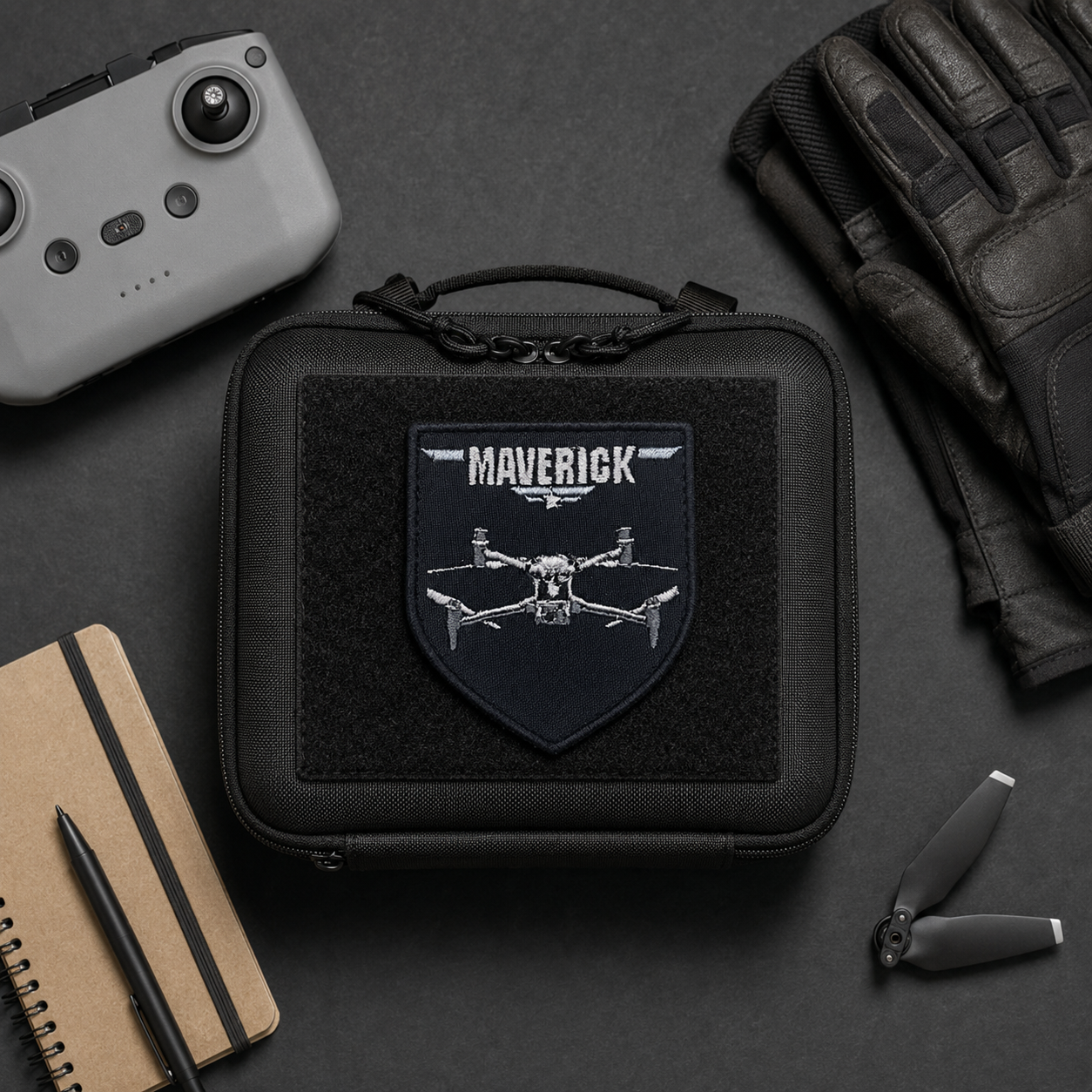 Maverick drone patch displayed with drone controller and outdoor gear