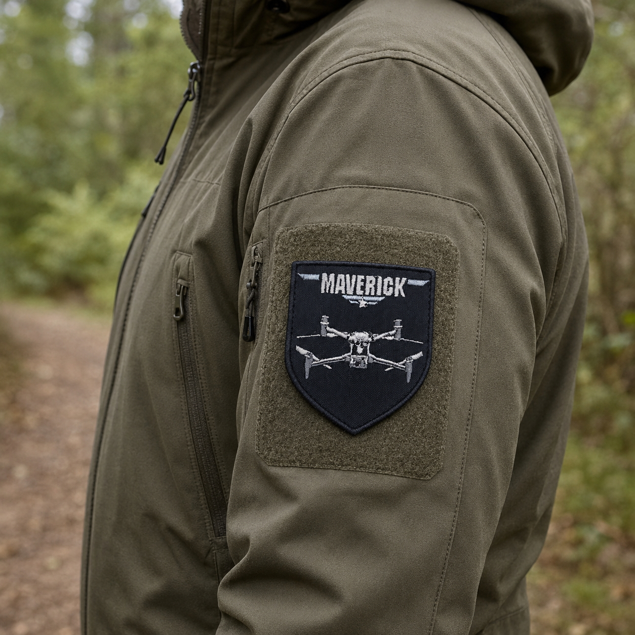 Maverick drone patch on olive jacket