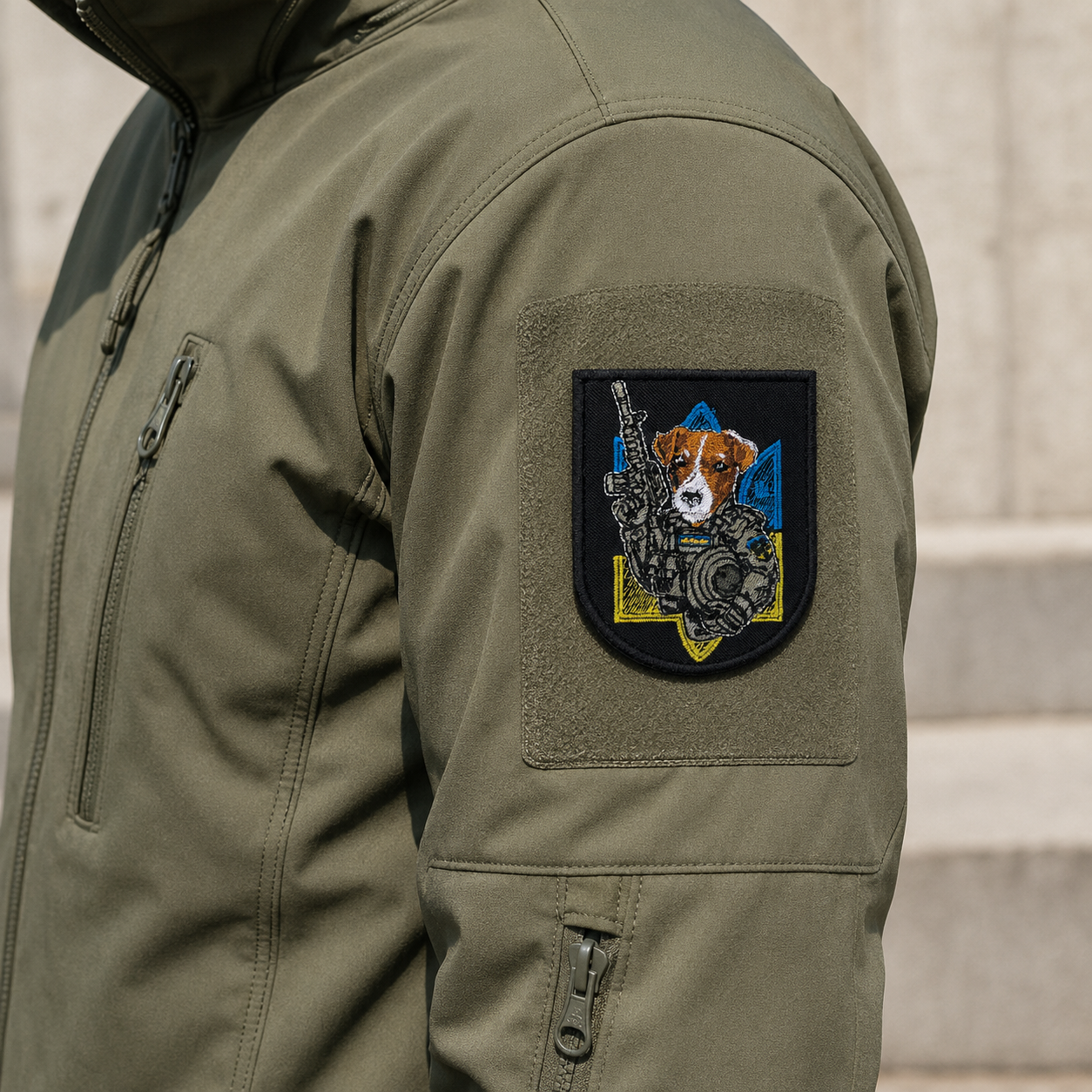 Patron the Dog embroidered patch attached to an olive tactical jacket sleeve