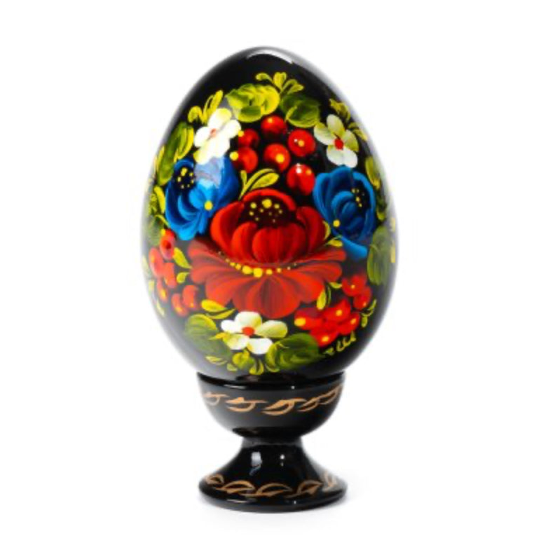 Poppies wooden Ukrainian pysanka hand-painted with vibrant red poppies and Petrykivka floral art