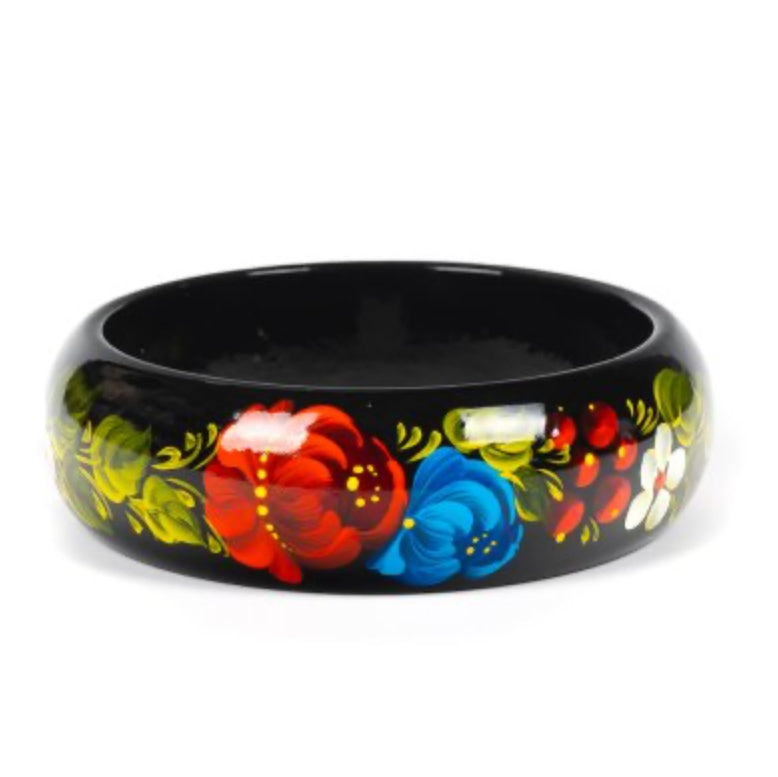 Authentic Ukrainian wooden bracelet with vibrant hand-painted poppy flowers in Petrykivka style