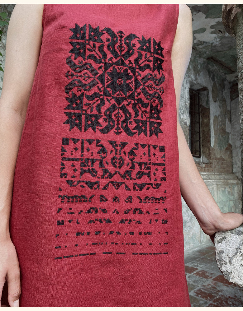 Women's red linen dress with black Ukrainian star embroidery