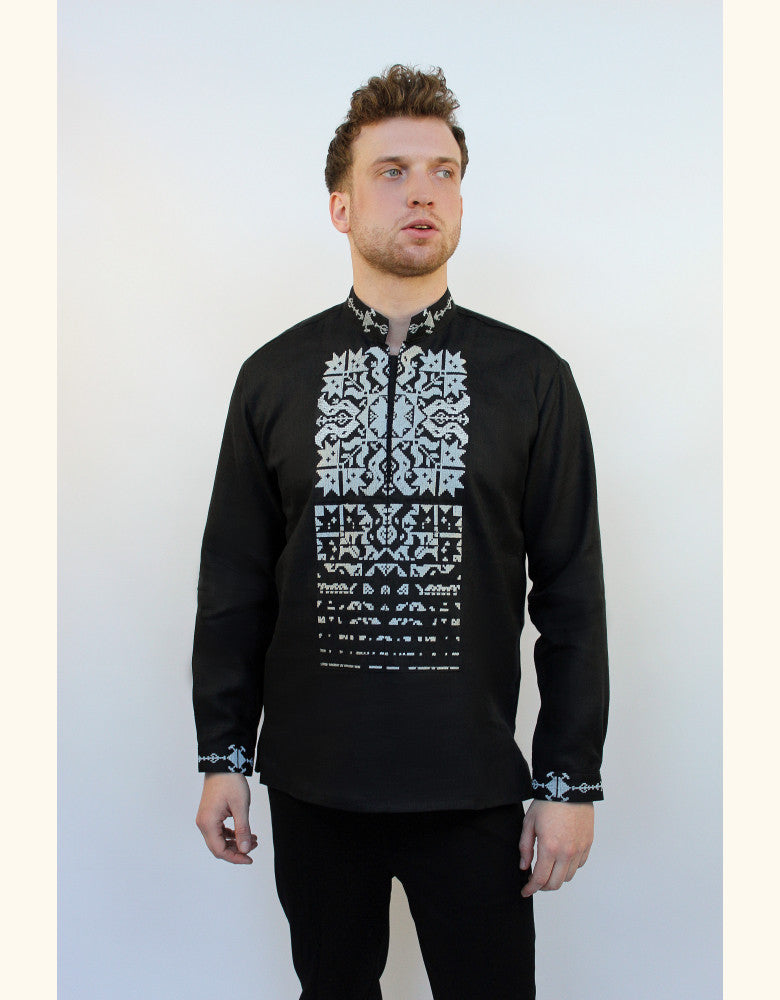 Man wearing Star black linen vyshyvanka with silver embroidery made in Ukraine