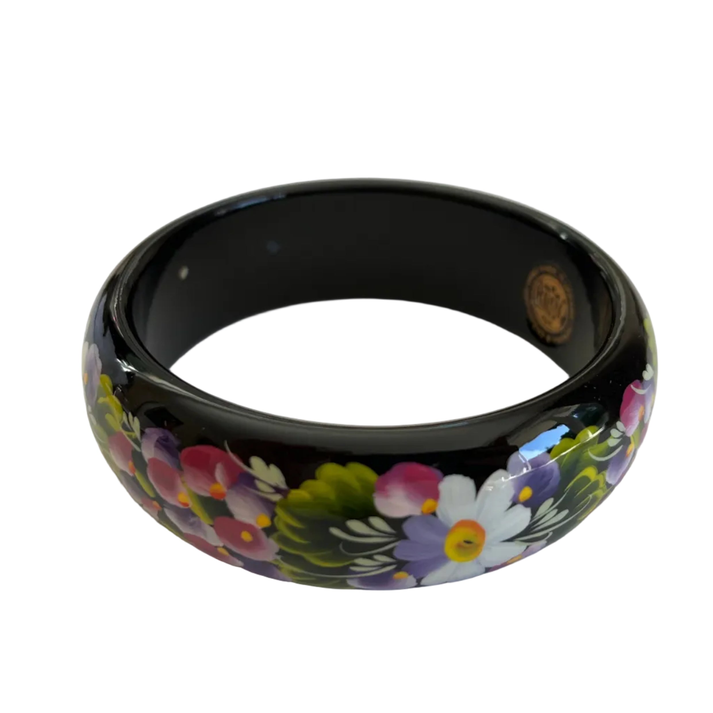 Handmade Ukrainian folk art bracelet crafted from natural wood and painted by artisans