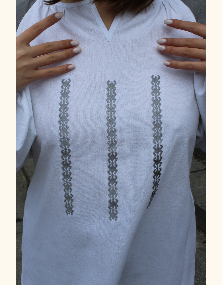 Women's Ukrainian linen blouse with geometric grey embroidery inspired by Podillia
