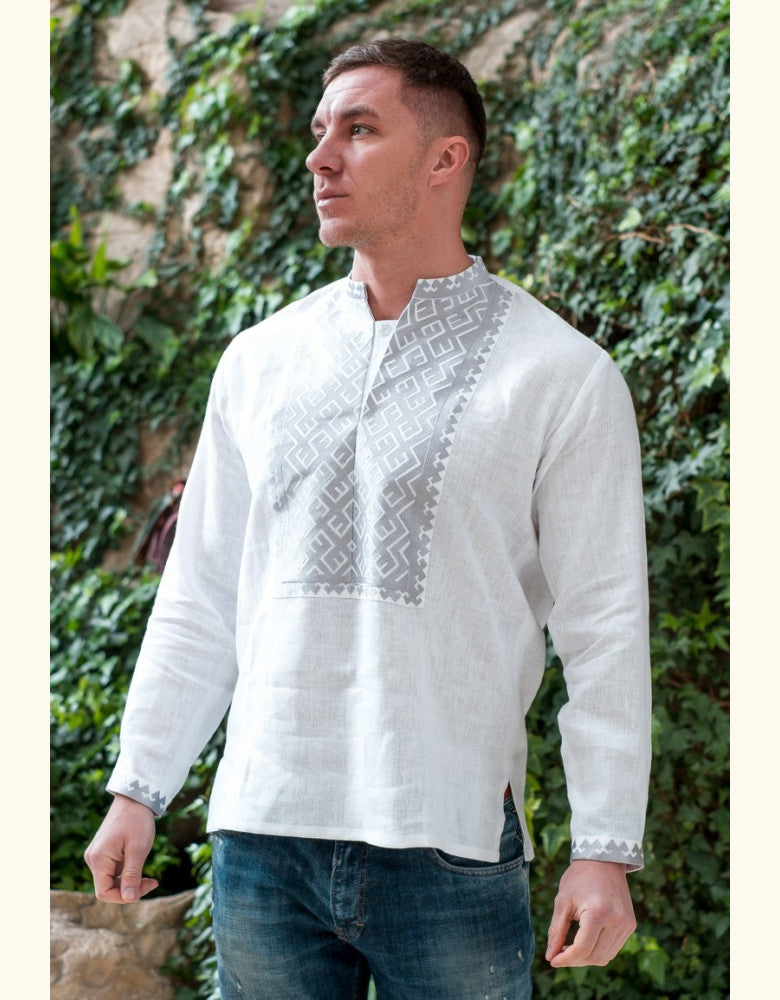Authentic Ukrainian linen vyshyvanka with elegant silver geometric embroidery