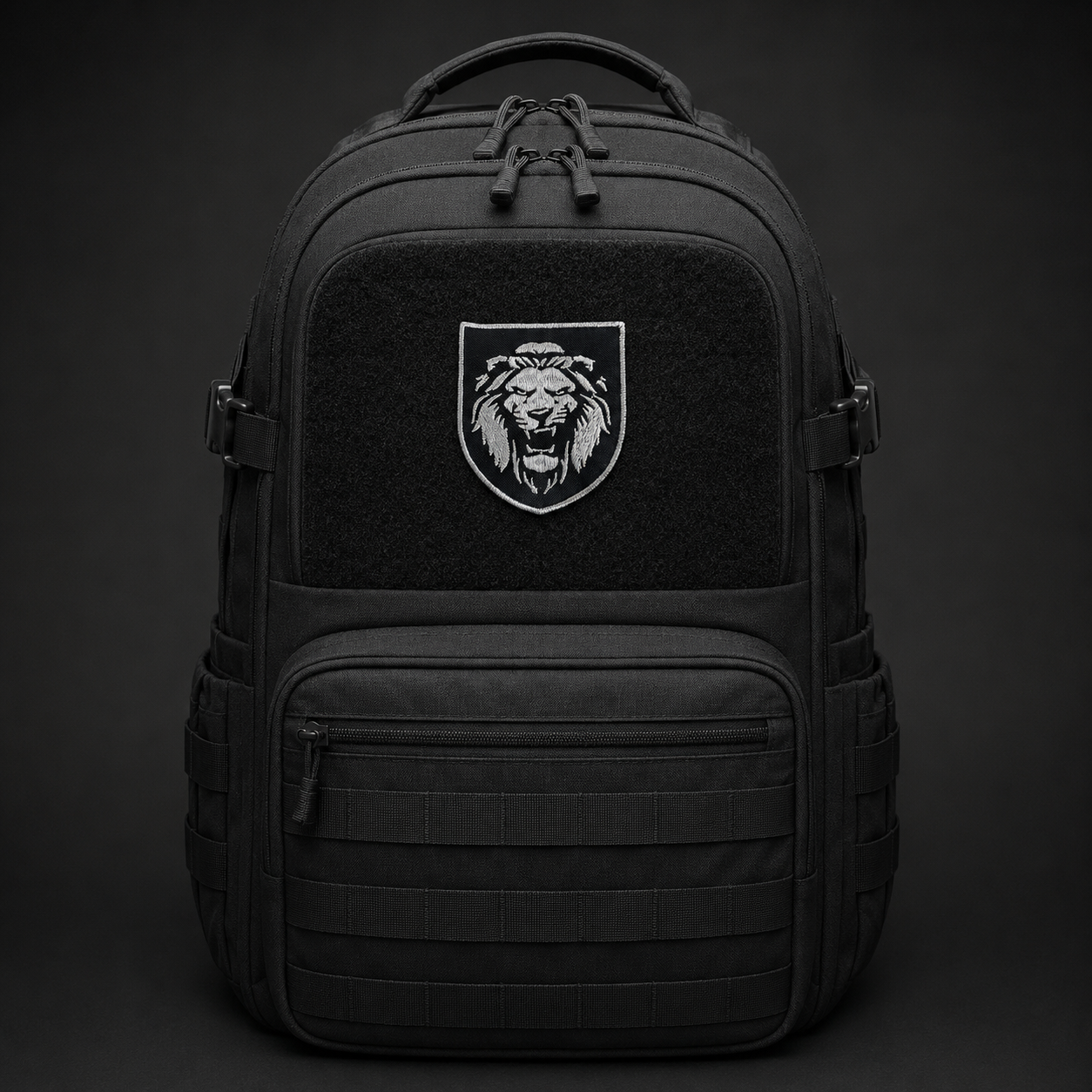 Ukrainian lion embroidered patch centred on a black tactical backpack