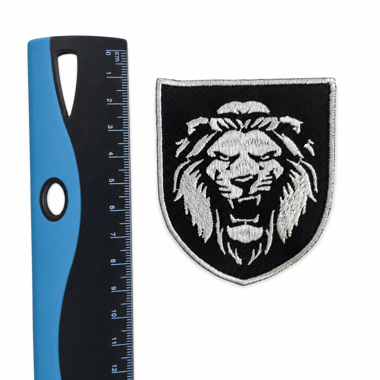 Ukrainian lion patch measuring 8 centimetres high by 6.5 centimetres wide