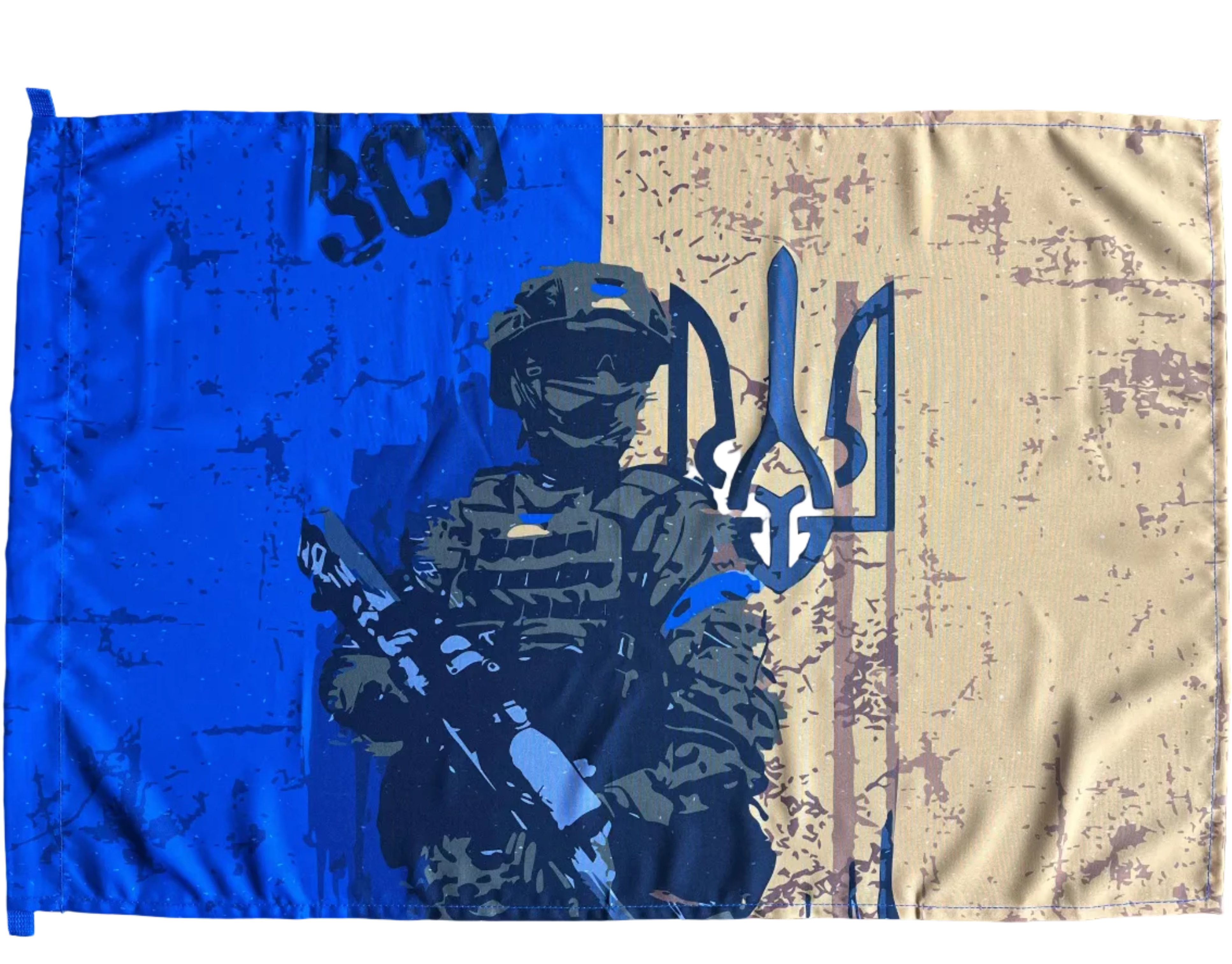 Ukrainian sniper gabardine flag featuring a precision marksman on a blue and yellow patriotic background