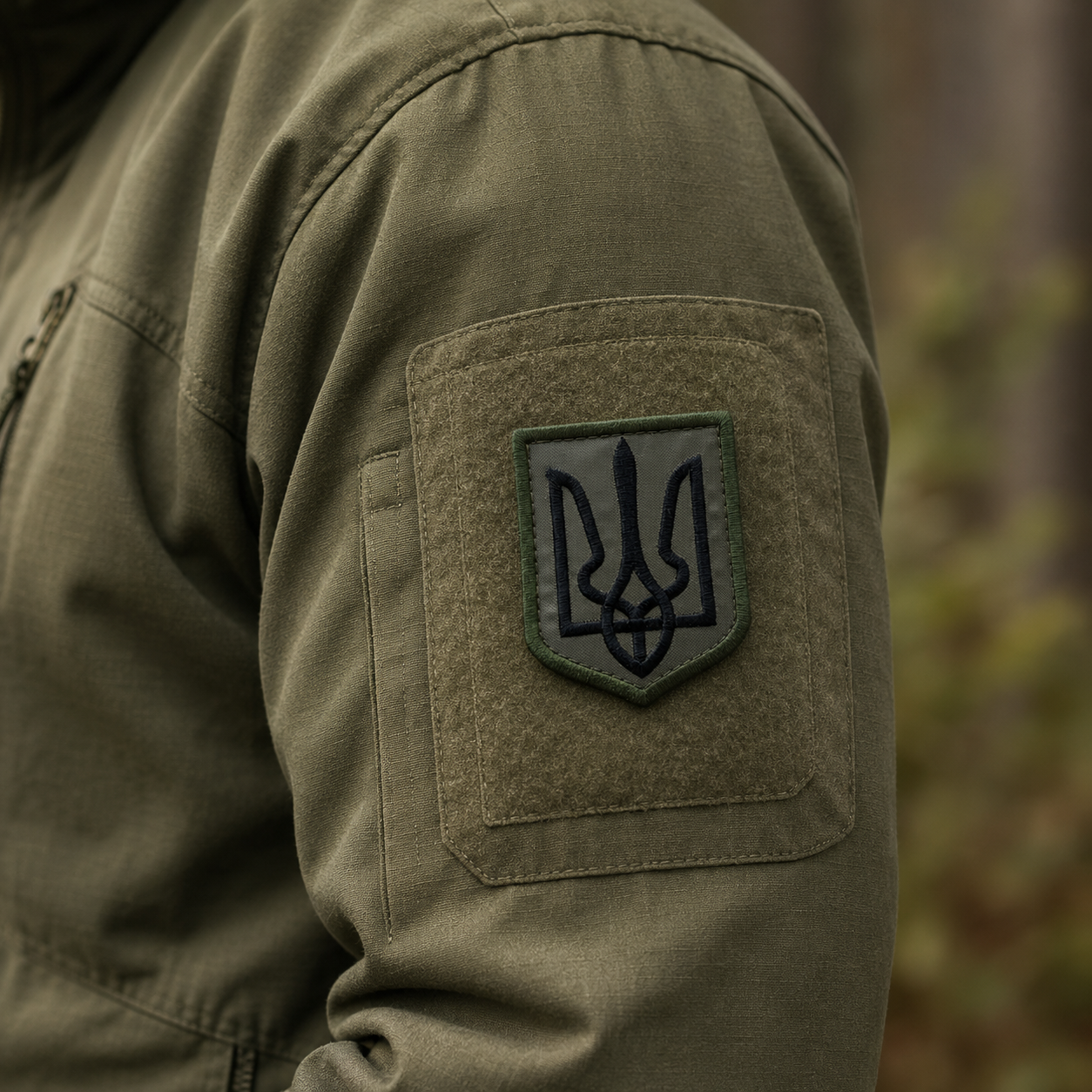 Olive Ukrainian Tryzub patch attached to a field jacket sleeve