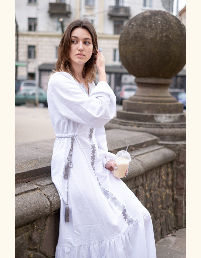 Women's white Ukrainian linen embroidered dress with elegant silver embroidery