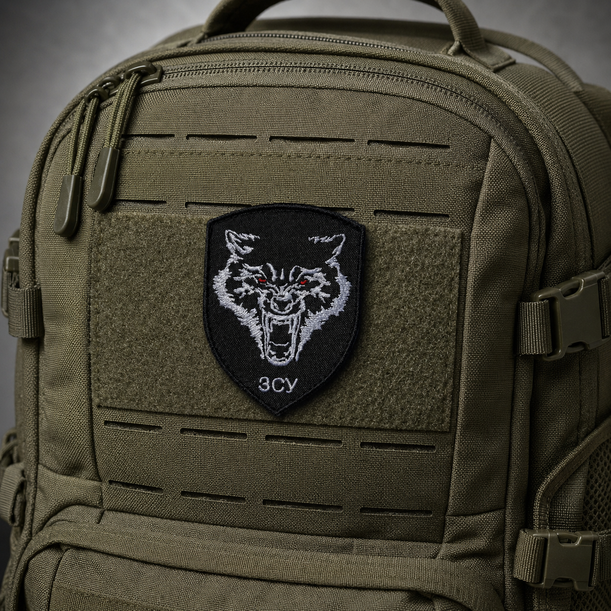 Ukrainian ЗСУ wolf patch attached to an olive tactical backpack