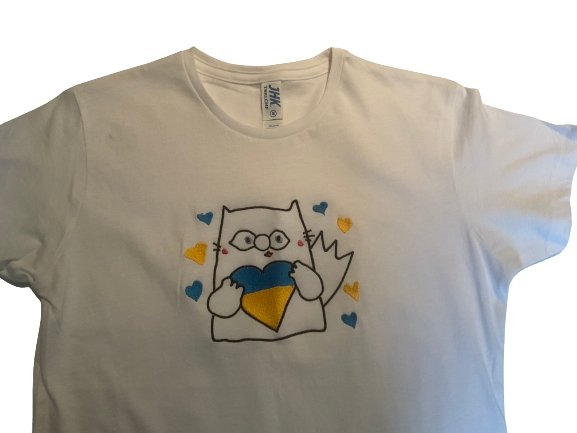 Embroidered Ukrainian Cat Shirt for Women with a cat holding a blue and yellow heart, made in Ukraine