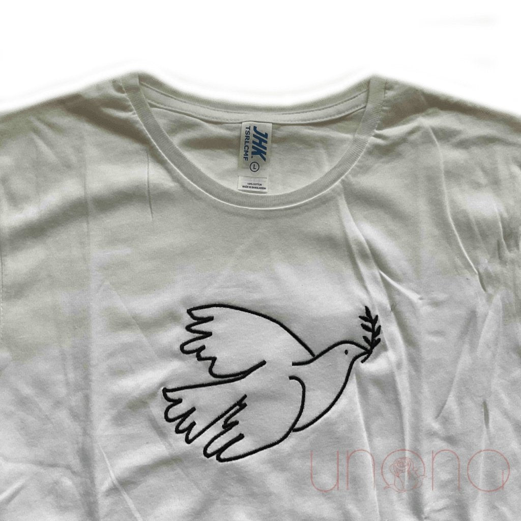 Men's peace dove T-shirt made in Ukraine featuring a minimalist olive branch design