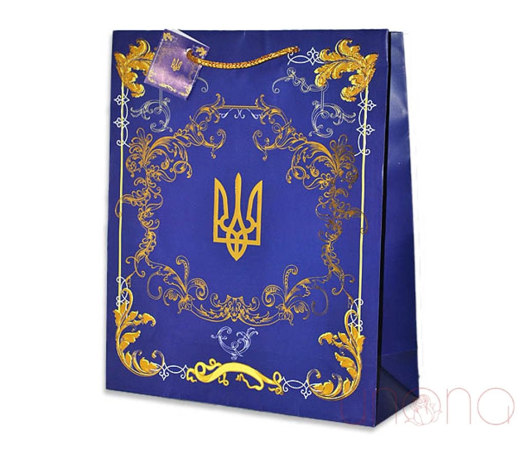 Royal blue Ukrainian gift bag with gold Tryzub and decorative ornamental design made in Ukraine