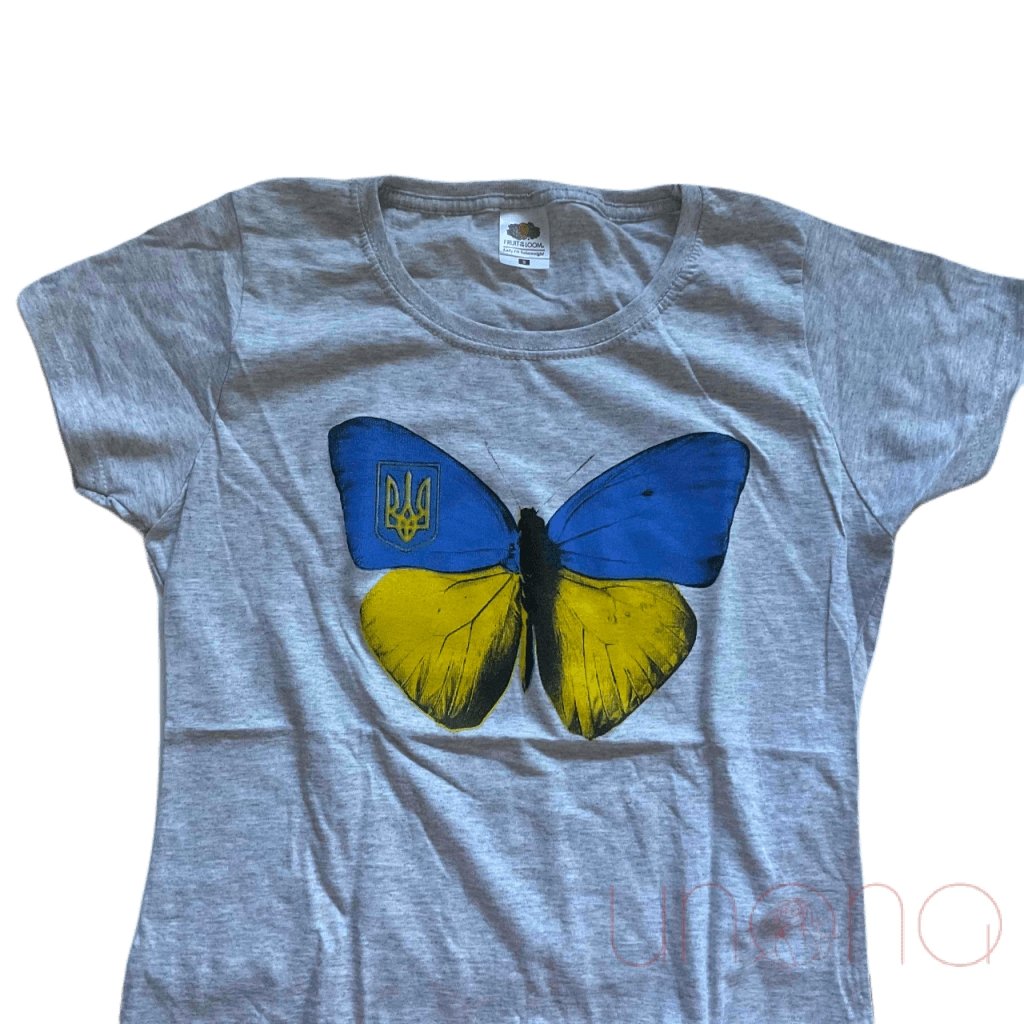 Ukrainian Butterfly Shirt for Women with blue and yellow butterfly print featuring the Ukrainian Tryzub, made in Ukraine